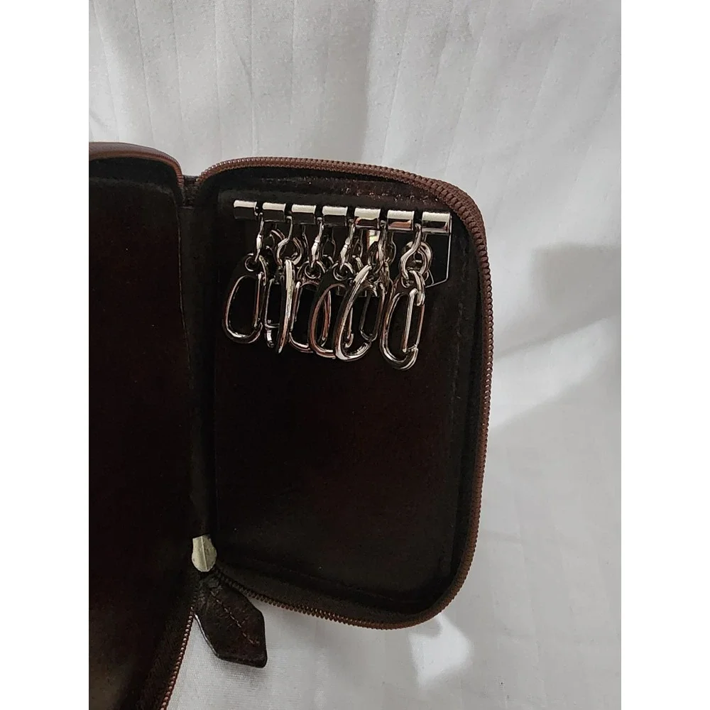 Vintage Brown Leather Zippered Key Case Holder with 6 Hooks Organizer